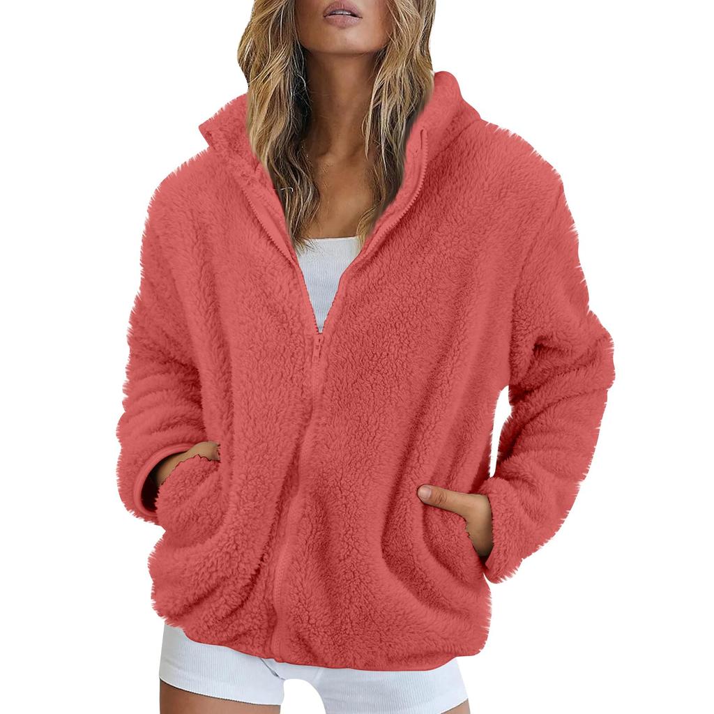 Women's Solid Color Fashionable Winter Loose High Neck Long Fleece Plush Warm Zipper Jacket