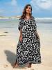 EDOLYNSA Plus Size Boho Black White Leopard Print Kaftan Beachwear Swimsuit Coverup For Women 2024 Summer Beach Dress Loose Caftan House Dresses Q1609