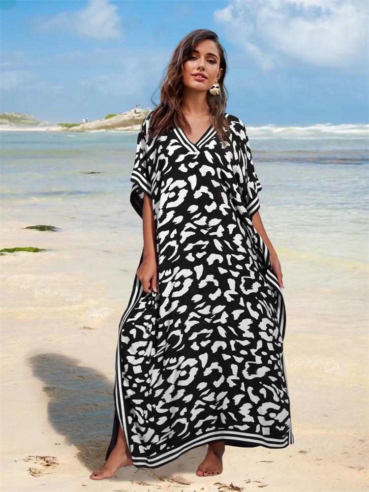 EDOLYNSA Plus Size Boho Black White Leopard Print Kaftan Beachwear Swimsuit Coverup For Women 2024 Summer Beach Dress Loose Caftan House Dresses Q1609