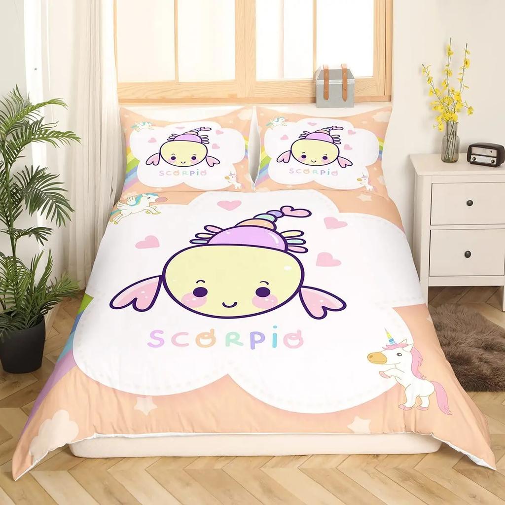 Axolotl Duvet Cover Set Pink Newt Wildlife Comforter Cover With Pillowcases Cartoon Octopus Animal Kawaii Style Twin Quilt Cover