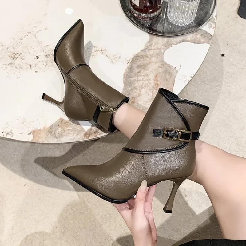 Осень и Зима Винтажная Ткань Сплайсинг Острый Носок Боковая Молния с Тонким Каблуком Пряжка на Ремне Модные Короткие Ботинки для Женщин 34-40