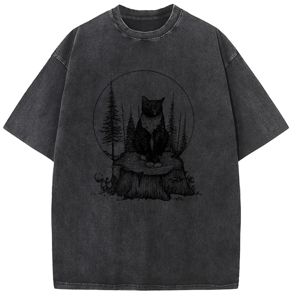 Футболка мужская стираная Forest Cat, летняя хлопковая отбеленная футболка, топы, винтажные свободные отбеленные футболки