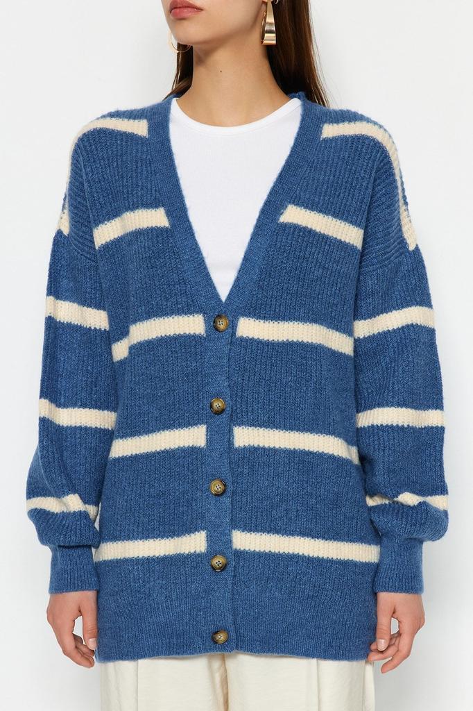 Women's Fashionable Stylish Cardigan Black Wide Fit Soft Textured Striped Knitwear Cardigan