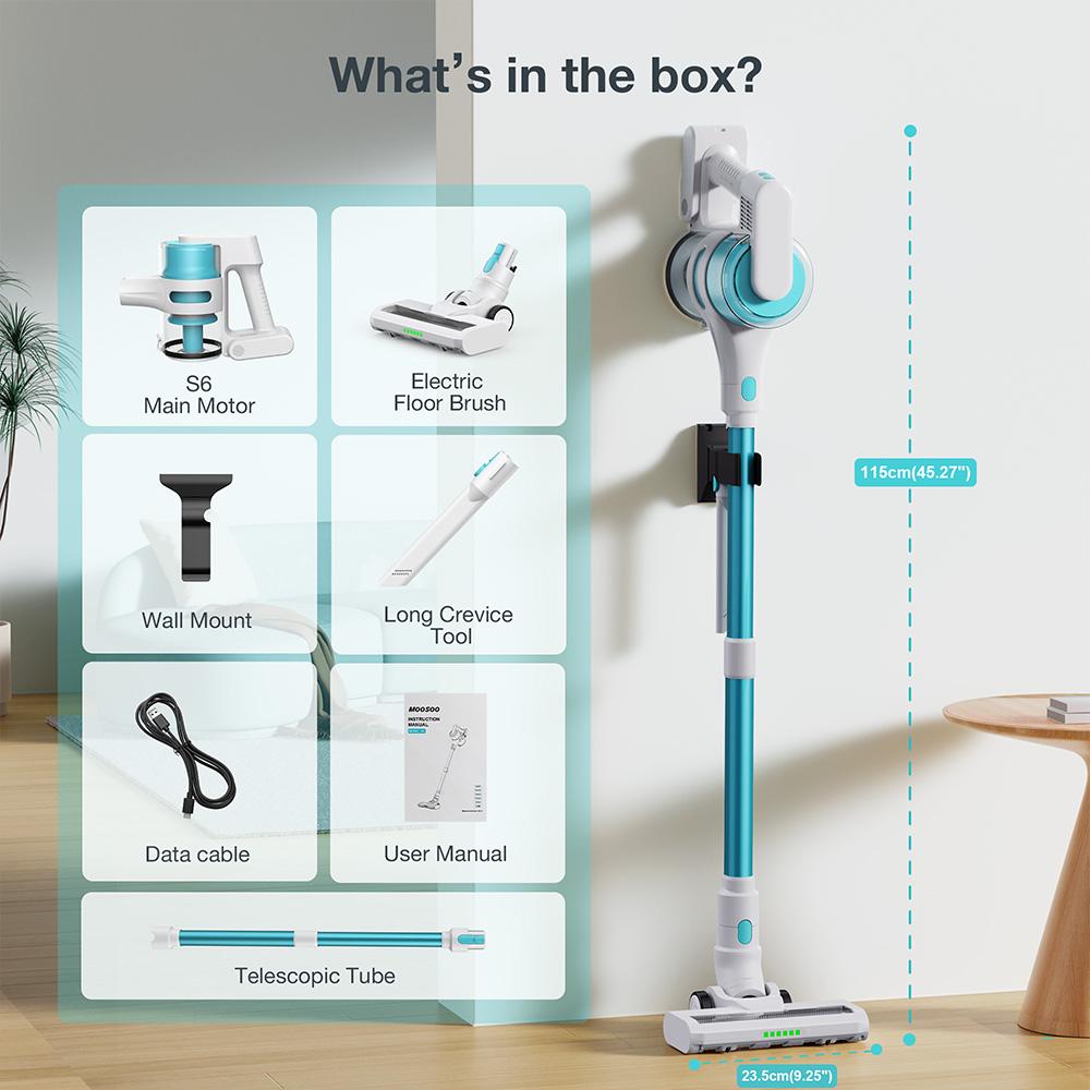 Беспроводной пылесос-стик MOOSOO S6, Мощное всасывание 18 кПа, Время работы 40 мин, Пылесборник 1 л, Зарядка Type-C, 5-ступенчатая HEPA-фильтрация
