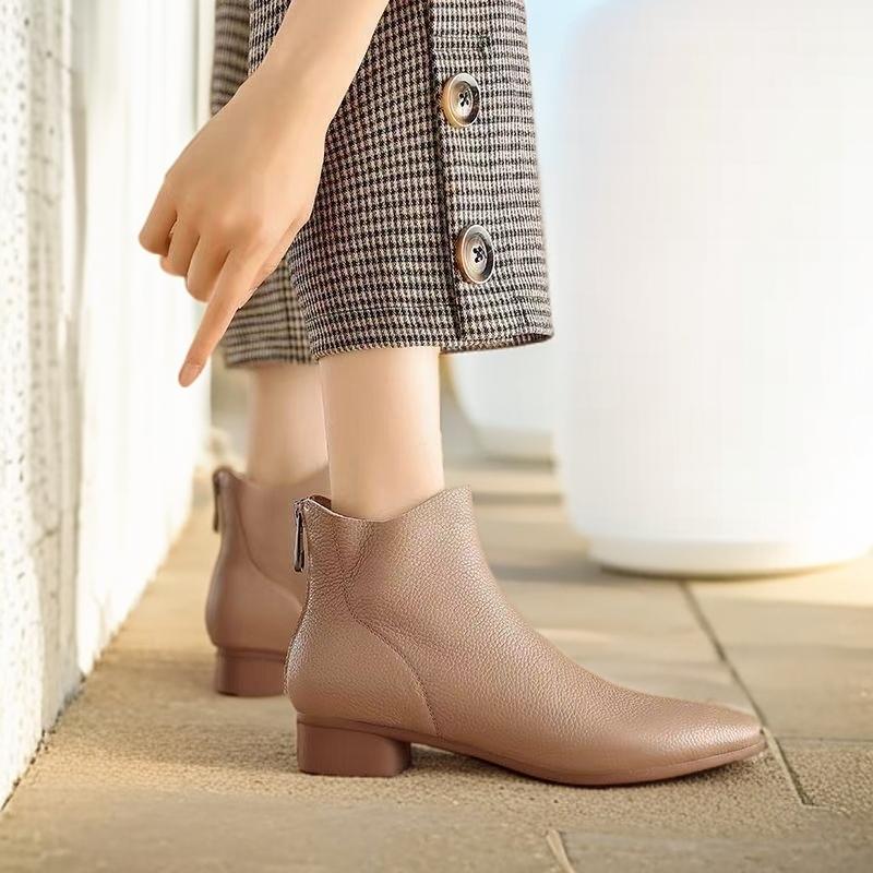 Elegant with Low Heels Fleece-Lined Ankle Boots for Women Autumn Winter Pointed Toe Leather Woman Short Shoes Trend 2025 Booties