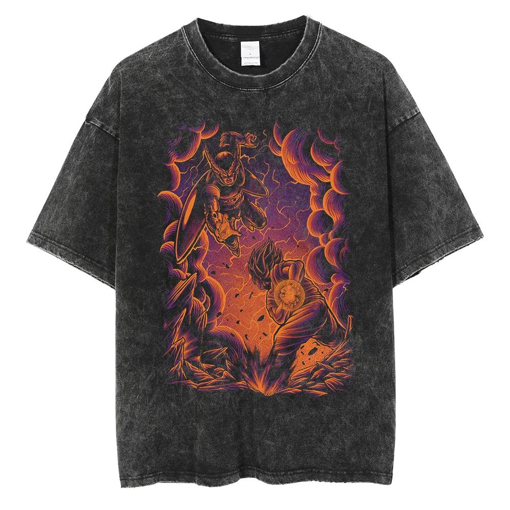 Men Hip Hop Streetwear T Shirt Dragon Ball Graphic T Shirt Cotton Loose Short Sleeve Black Washed Tshirt Oversize Harajuku