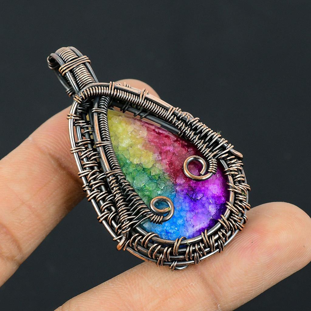 Rainbow Solar Quartz 999 Copper Wire Wrapped Pendant, Handmade Gemstone Pendant Jewelry, Gifts For Wife Brand New Pendant