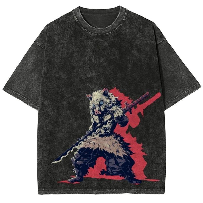 Japanese Anime Demon Slayer Inosuke Print Washed T-shirts Men's Women's Pure Clothing Harajuku Streetwear Cotton