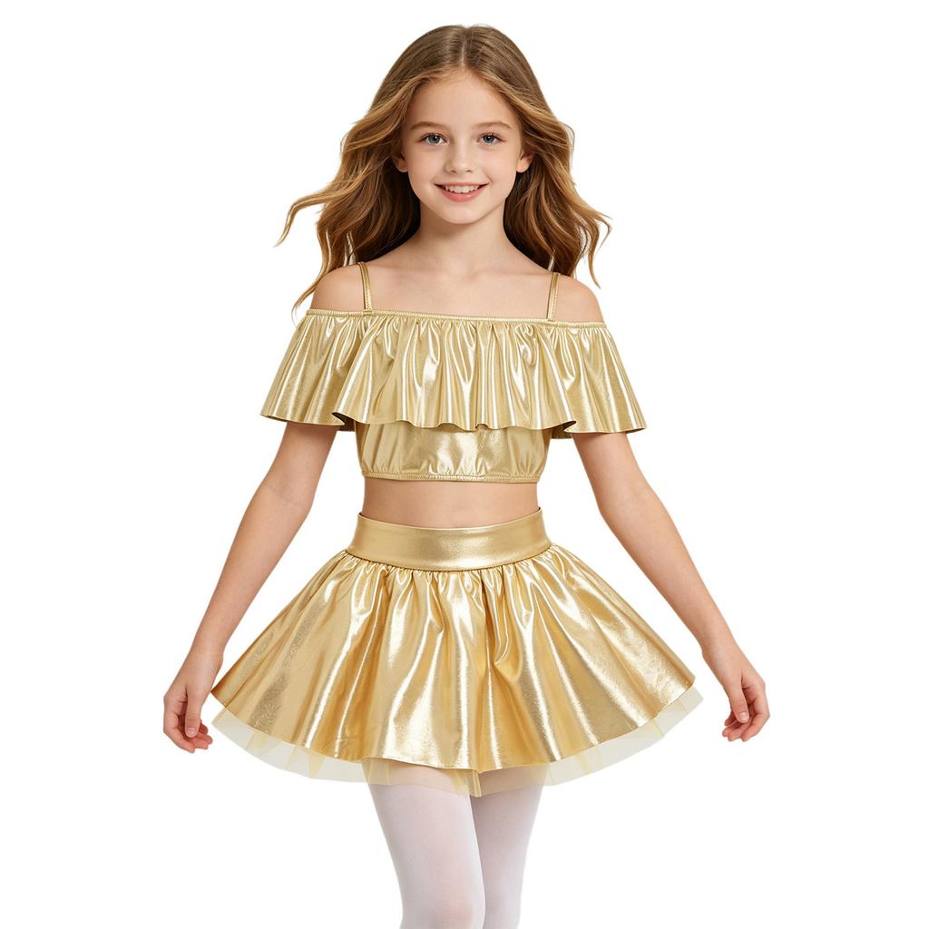 Girls Dancewear Off Shoulder Sleeveless Metallic Ruffle Crop Top and Shiny Tutu Skirt for Stage Competition Party Wear