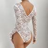 Women Bodysuit Flower Embroidery Lace Elastic Deep V Neck See-through Long Sleeve Solid Color Slim Fit Soft Breathable Spring Playsuit