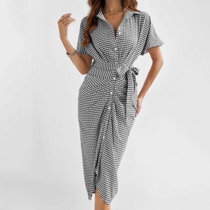 Весенне-летнее женское элегантное платье с V-образным вырезом, высокой талией, темпераментное и с короткими рукавами