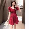French Red Backless Puff Sleeve Dress with Square Neck and Waist-Hugging Design for Women 2025