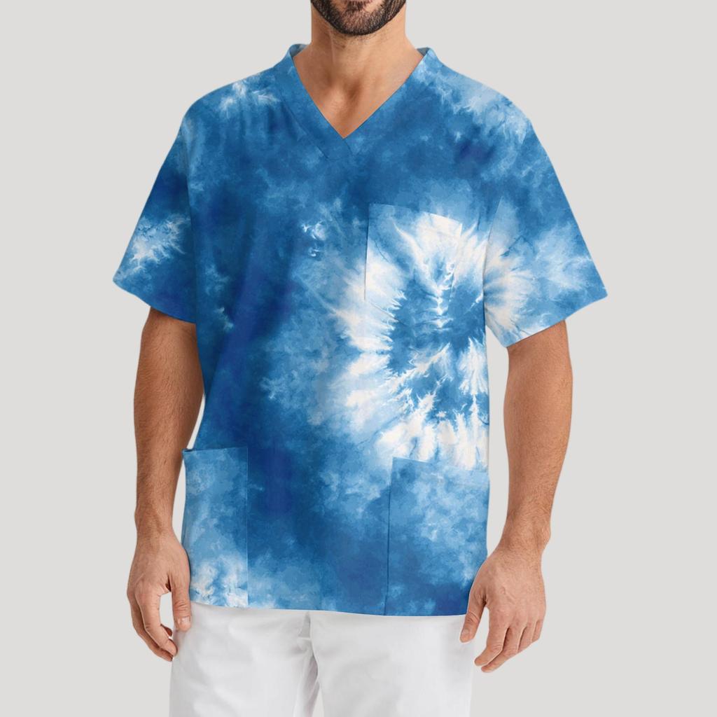 Мужская рабочая блузка с короткими рукавами и v-образным вырезом с принтом, топ с нагрудным карманом