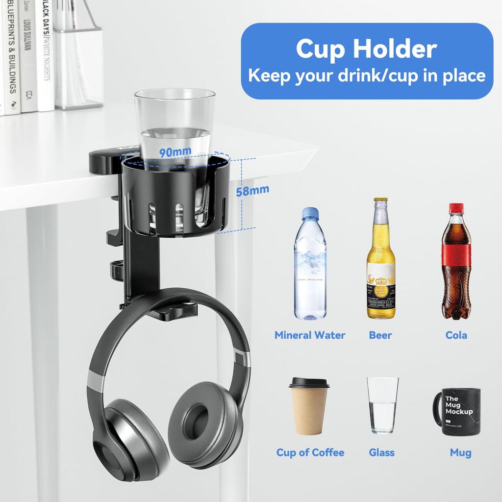 KDD 5-in-1 Desk Organizer with Rotating Headphone Stand, Detachable Controller Holder, Pen Holder, and Cup Holder - Desktop Storage for Cups, Phones,