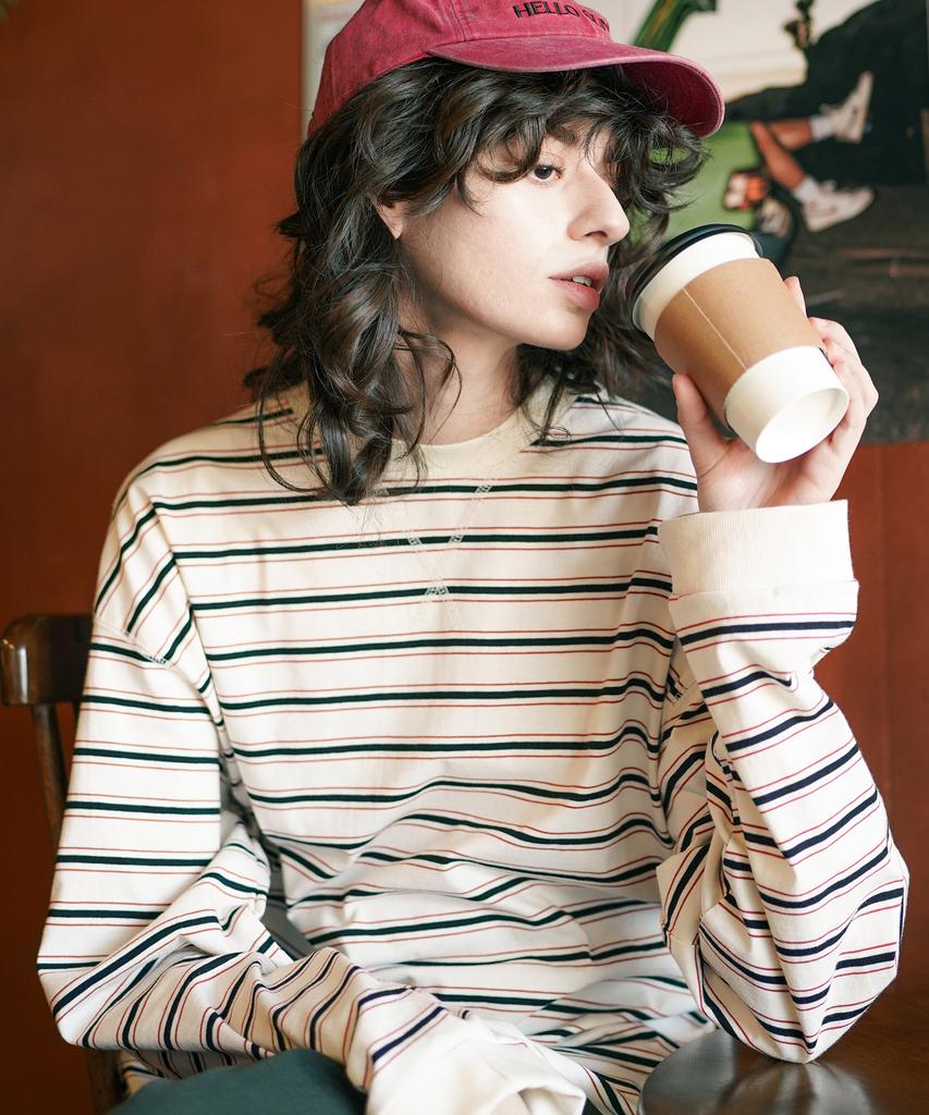 PUNCHLINE Roy Stripe Long Sleeve T-Shirt Cream Ivory Nslt9192