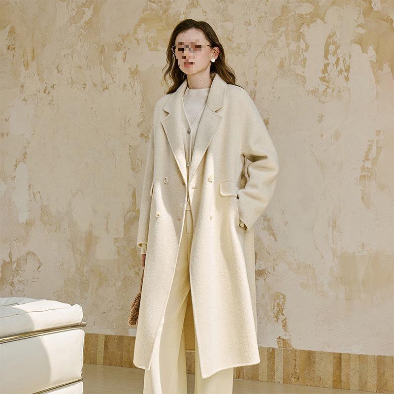 Fan Si Lan En Diamond Draped White Double-Sided Wool Coat for Women - Autumn/Winter Woolen Jacket