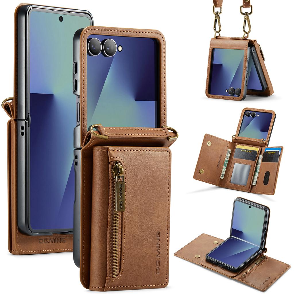DG.MING M5 Series for Samsung Galaxy Z Flip7 5G Case RFID Blocking Card Slots Leather+PC Phone Cover