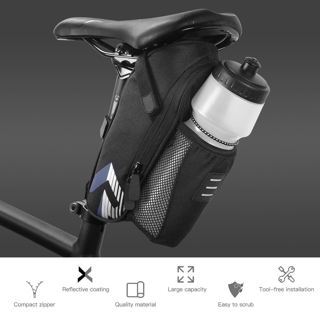 Bicycle Saddle Bag with Water Bottle Pocket Waterproof Bike Seat Bag Reflective Cycling Rear Seat