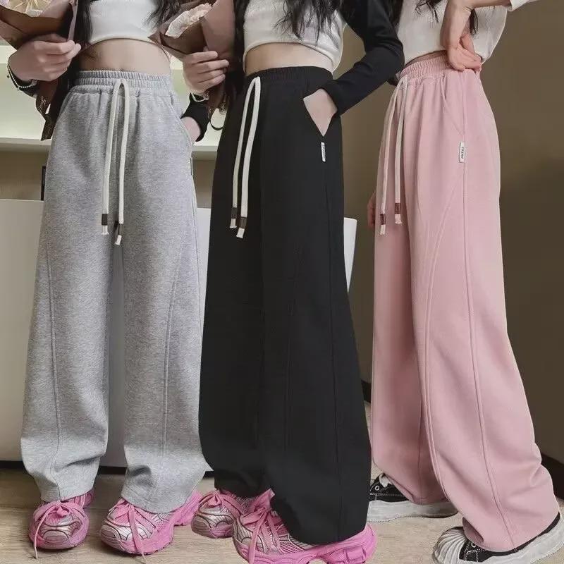 2024 Розовые спортивные штаны для девочек с широкими штанинами: Осенне-зимний повседневный спортивный стиль для детей среднего и крупного возраста