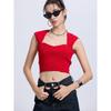 Za2025 Summer New Women clothes Solid Simple Elegant All-Match Heart-Shaped Collar Sleeveless Rib Simple T-shirt Top
