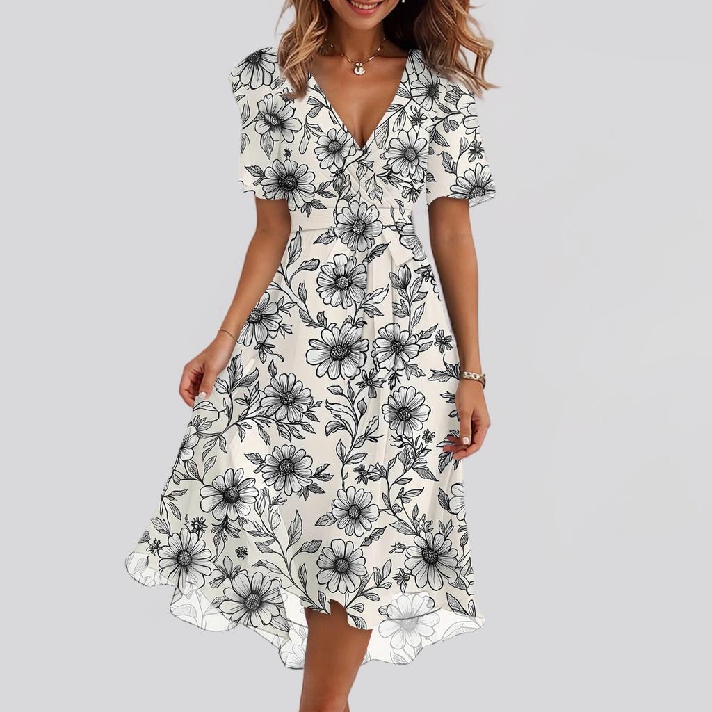Women's Fashion Casual V Neck Short Sleeve Ruffled Vintage Printed Dresses