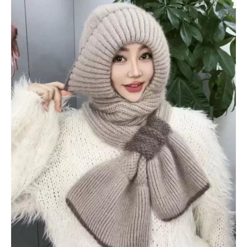 Hat Female Autumn and Winter Warm Knitted Wool Snow Hat Cycling Mother Fashion Ear Protection Headgear Scarf Integrated Hat