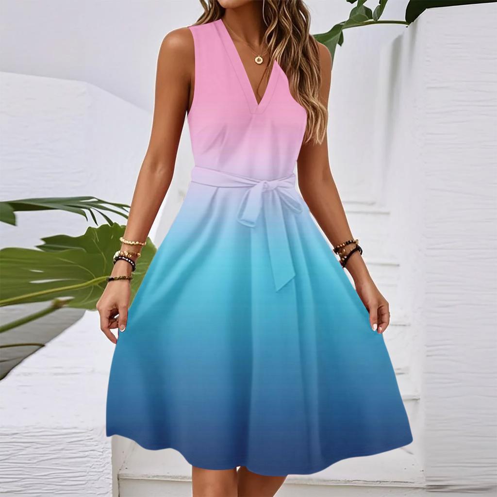Женское весенне-летнее повседневное миди-платье без рукавов с V-образным вырезом, приталенное, с градиентным принтом