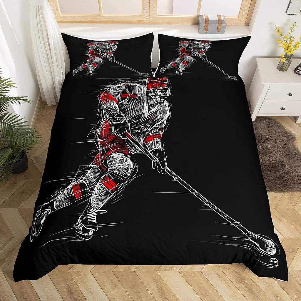 Ice Hockey Duvet Cover Twin Hockey Sports Player Bedding Set Winter Extreme Sports Game Comforter Cover Set Sports Arena Bedding