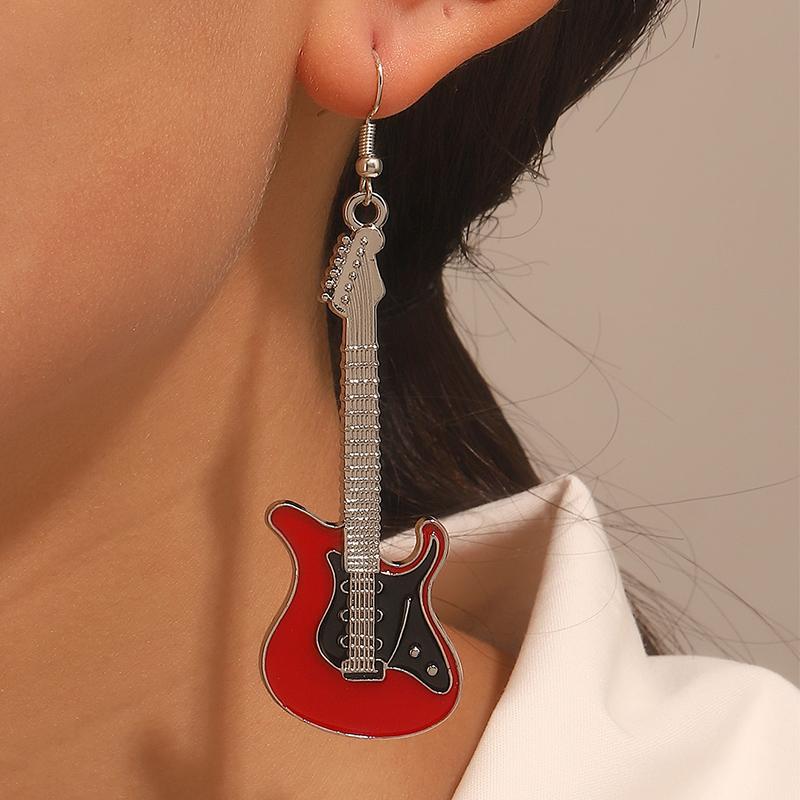 Obega Guitar Drop Earrings For Women Copper Color Black Red White Epoxy Vintage Girls Cute Jewelry Gift Fishhook Style