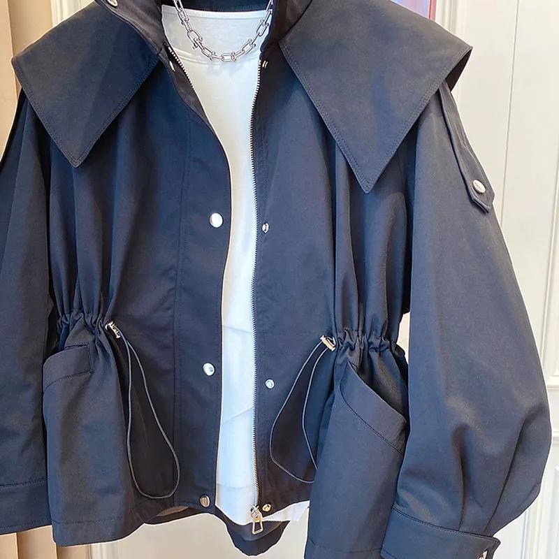 Весна Осень Оверсайз Повседневный Водонепроницаемый Хаки Ветровка Женская Куртка с Длинным Рукавом Капюшоном Кулиской Застежкой-молнией