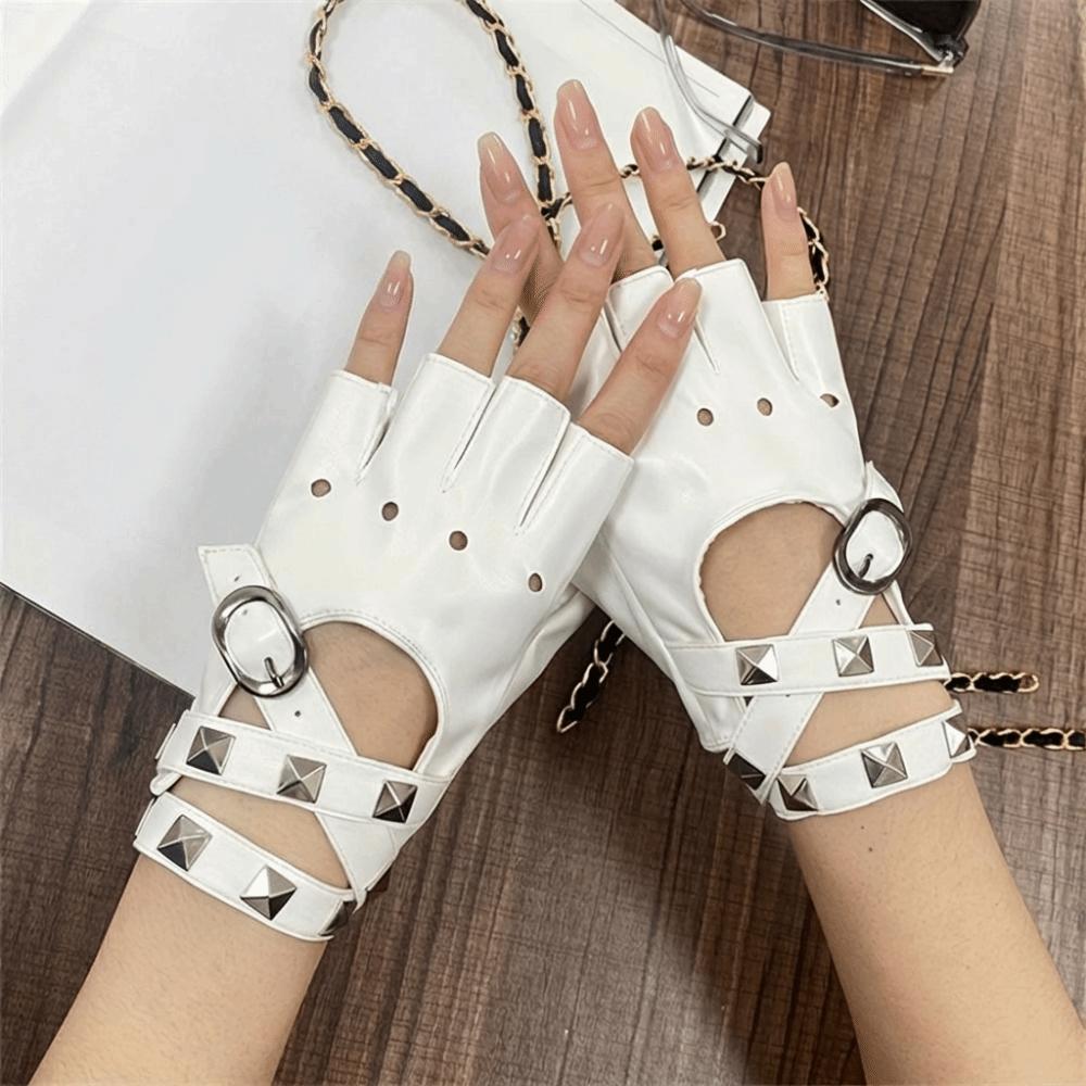 Anti-Slip Half Finger Gloves Punk Driving Gloves Rivets Belt Wrist Gloves Disco Dancing