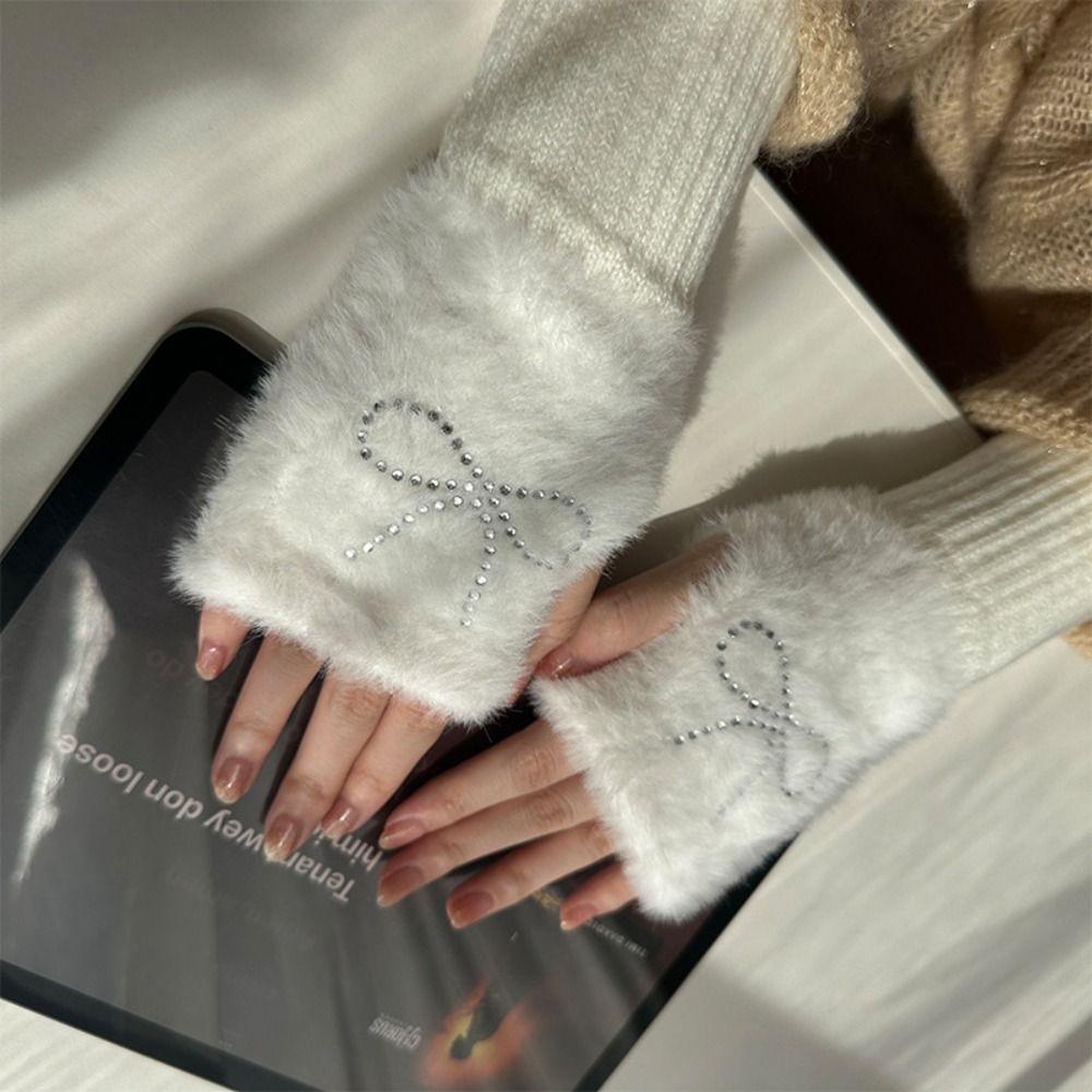 Hotfix Rhinestone Bow Gloves Plush Half Finger Mittens Soft Knitted Gloves  Outdoor