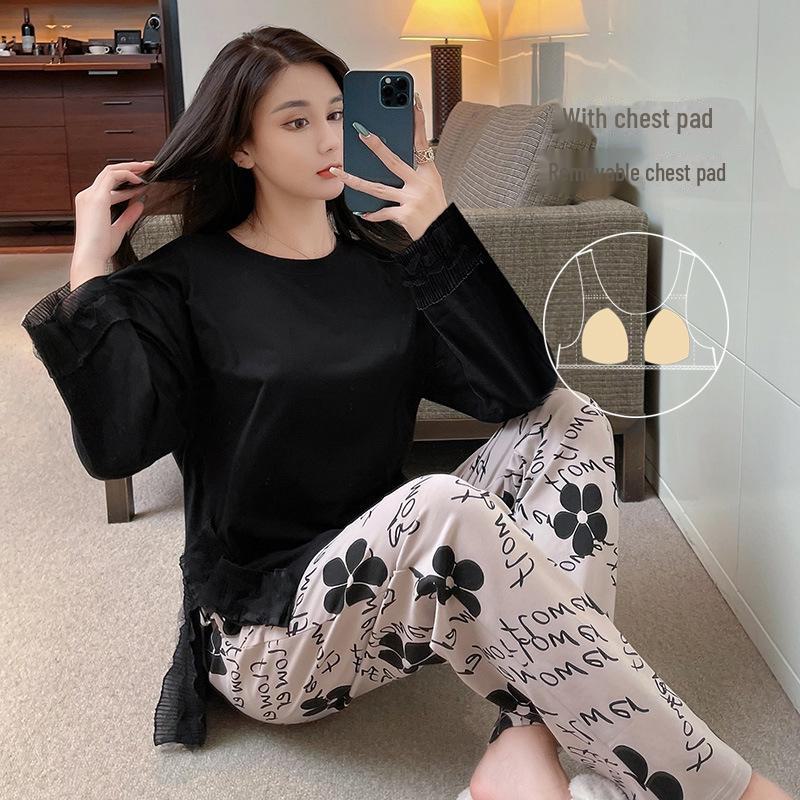 Женский пижамный комплект из чистого хлопка с длинными рукавами и нагрудными накладками — большой размер, весна/осень 2025 г.