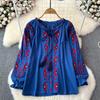 Summer Vintage Women Blouse Embroidered Puff Sleeve Color Block Ethnic Style Camisa Feminina Casual Tops