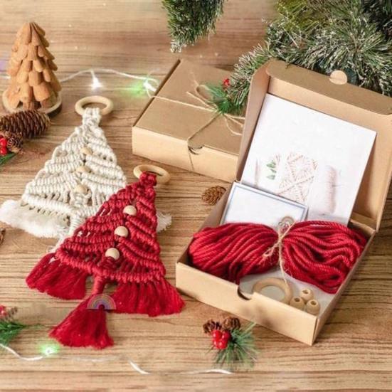 DIY Christmas Tree Macrame Kit Cotton Rope Braiding Set Hand Knitting Boho Christmas Tassel Decor Kit for Beginners