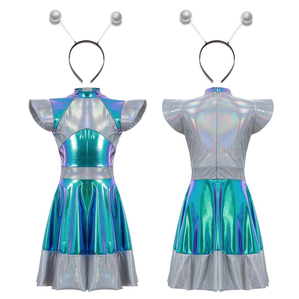 Детский костюм для косплея на Хэллоуин для девочек, космический костюм милашки, платье с забавным аксессуаром-кольцом для волос в стиле инопланетянина