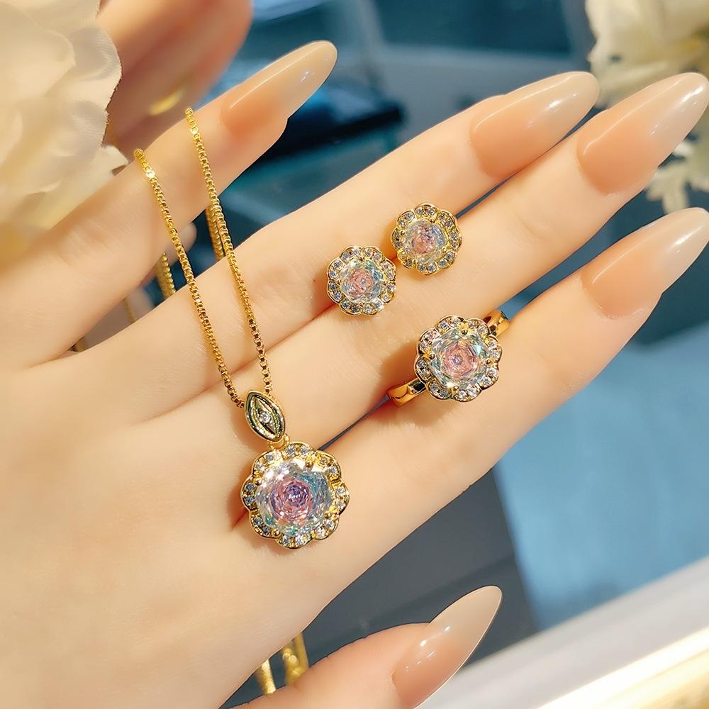 Exquisite Colorful Octagon Millennium Rose Cut Paraiba Ring Set Light Luxury High Carbon Diamond Redstone Stud Earrings Pendant