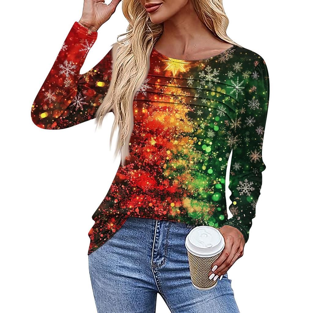 Ladies' Casual Fashion Printed Round Neck Long Pleated T-shirt Top Christmas