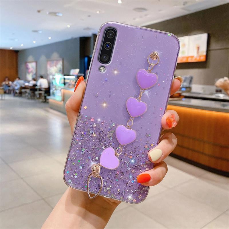 Блестящий чехол с цепочкой на запястье A 50 70 30 Love Heart для Samsung Galaxy A50 A70 A30s A20 A30 A21s A20s A7 2018, силиконовый чехол для браслета