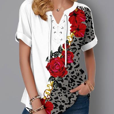 Женские топы с цветочным принтом, летняя свободная футболка с V-образным вырезом и коротким рукавом на шнуровке