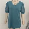 Summer Women's T-shirt Solid Color V-neck Simple Temperament Elegant Mesh Bubble Sleeve