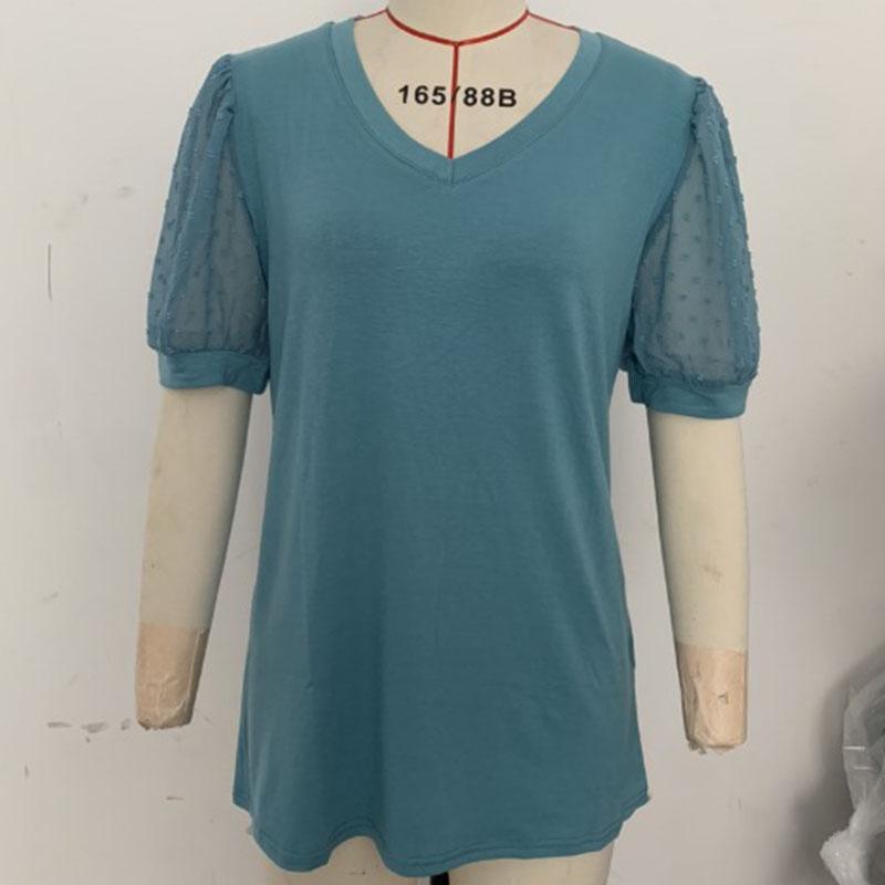 Summer Women's T-shirt Solid Color V-neck Simple Temperament Elegant Mesh Bubble Sleeve