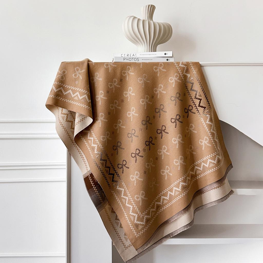 Осенне-зимний шарф с бантом для пресбиопии, женский теплый шарф из имитации кашемира в сочетающихся цветах, двусторонний платок для кондиционера