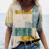 Vintage Plaid Print Women's T-shirt Hot Blouse Summer V-Neck Casual Short Sleeve Tees Female Oversized Tops Daily Clothing