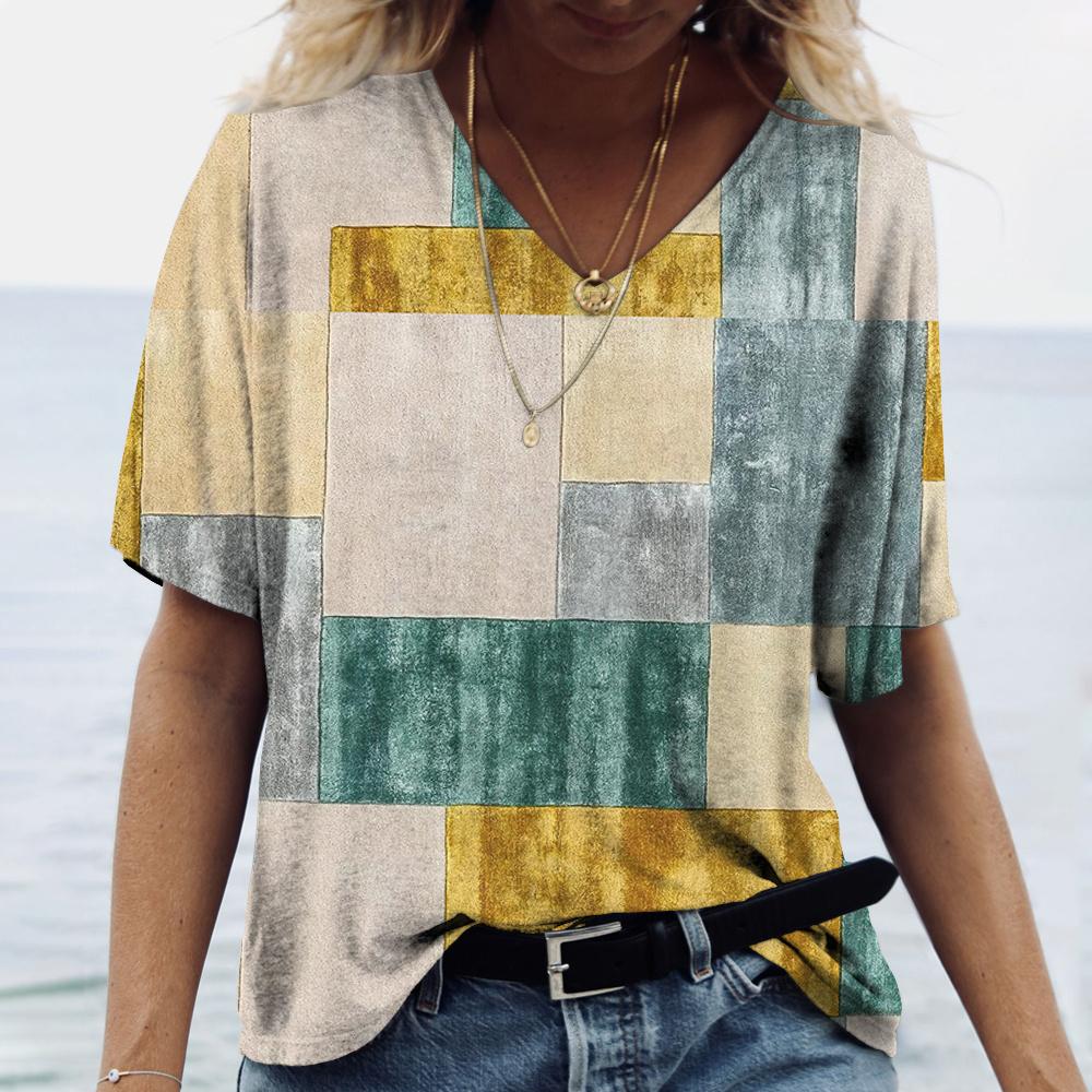 Vintage Plaid Print Women's T-shirt Hot Blouse Summer V-Neck Casual Short Sleeve Tees Female Oversized Tops Daily Clothing