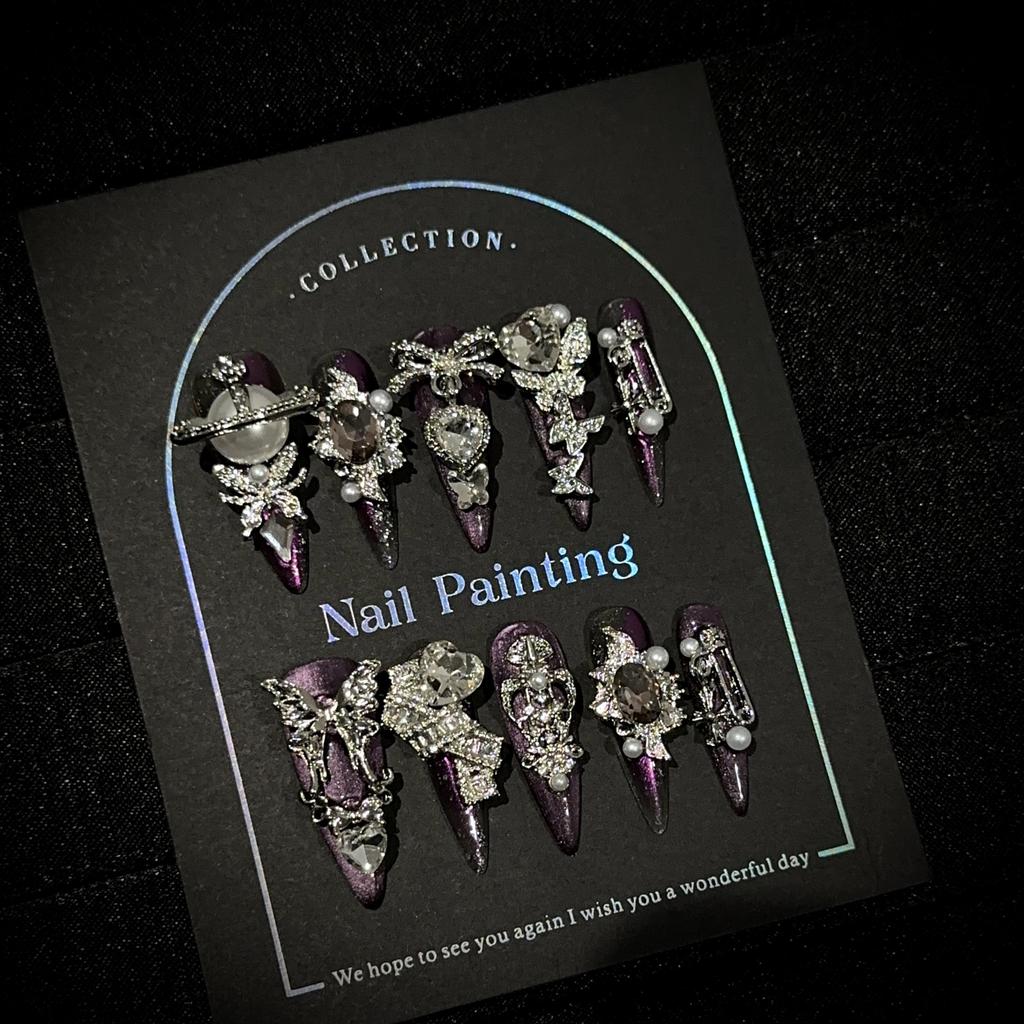 Роскошные накладные ногти ручной работы, длинные, миндалевидной формы, с французским кончиком, блестящие, искусственные ногти, дизайн с 3D стразами, акриловые ногти, многоразовые наклейки для женщин