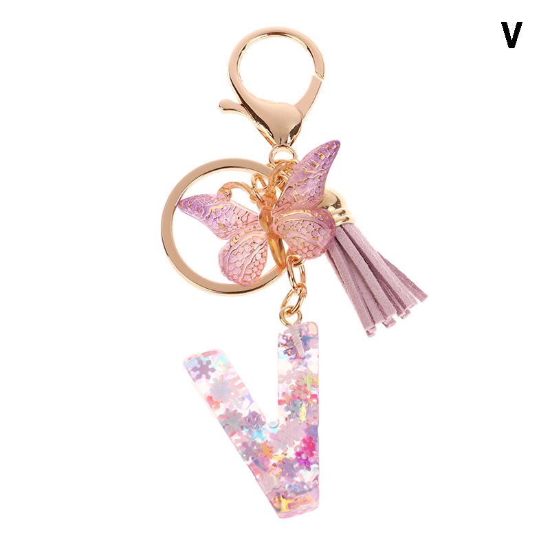 A-Z Dreamy Sequin Letters Keychain For Women Tassel Butterfly Pendant Initial Keyring Purse Suspension Bags Charms Car Key Chain