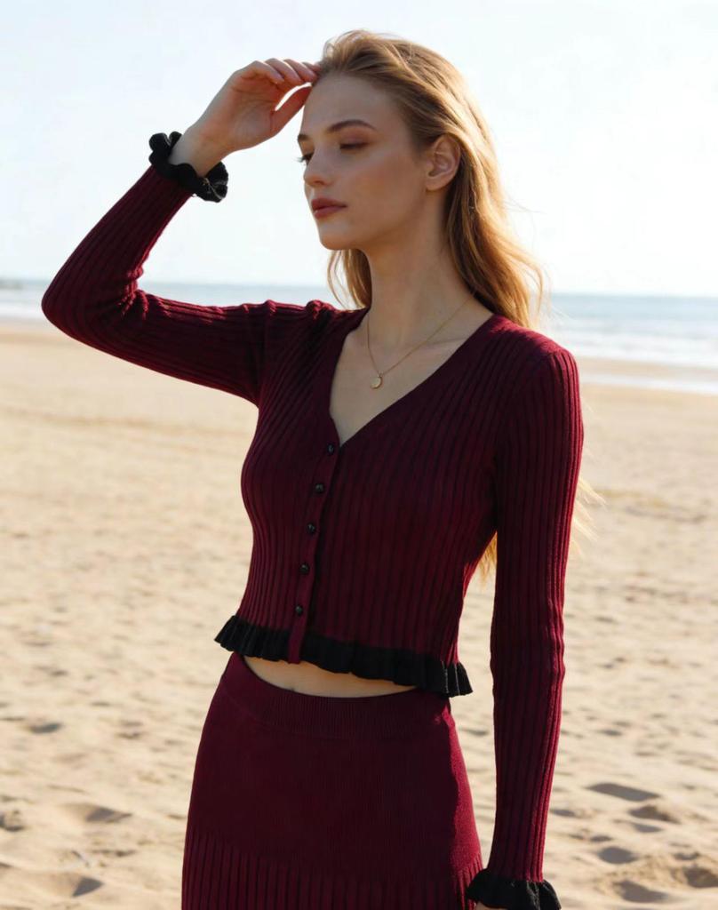 Европейский Шик Осень/Зима Женский Комплект: Вязаный Кардиган и Юбка с Элегантными Французскими Воланами