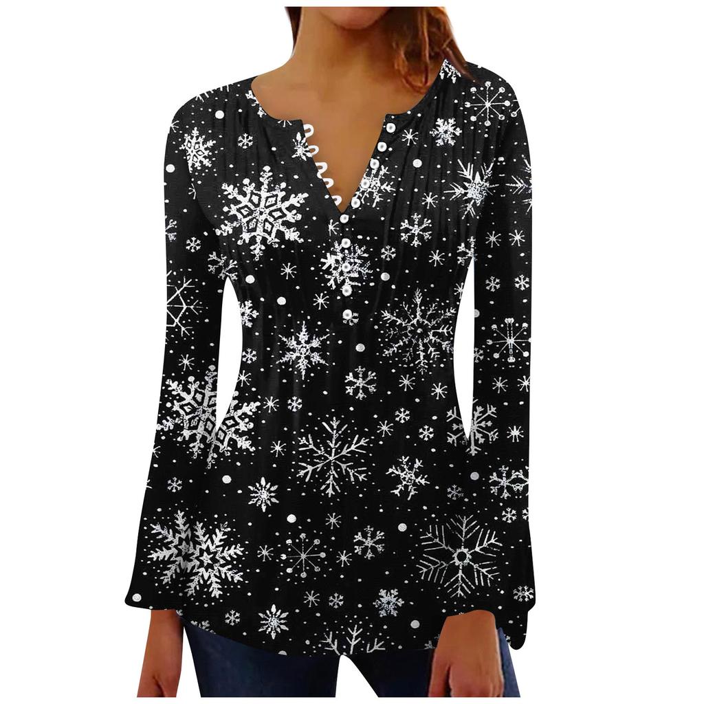 Женская модная рождественская футболка с v-образным вырезом и длинными расклешенными рукавами, плиссированная пуговица, топ