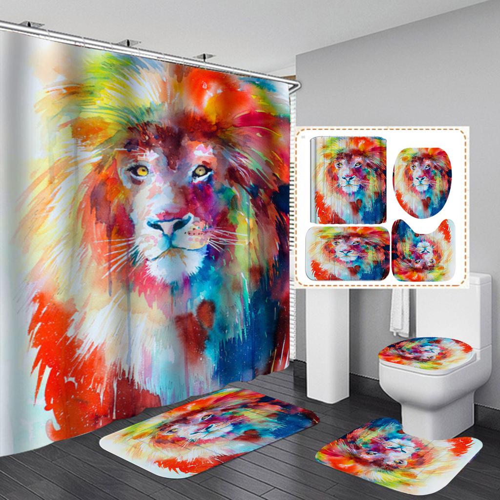 4 шт. наборы занавесок для душа серии Lion для ванной комнаты, нескользящие коврики для ванной комнаты, крышка для унитаза, коврик для ванной